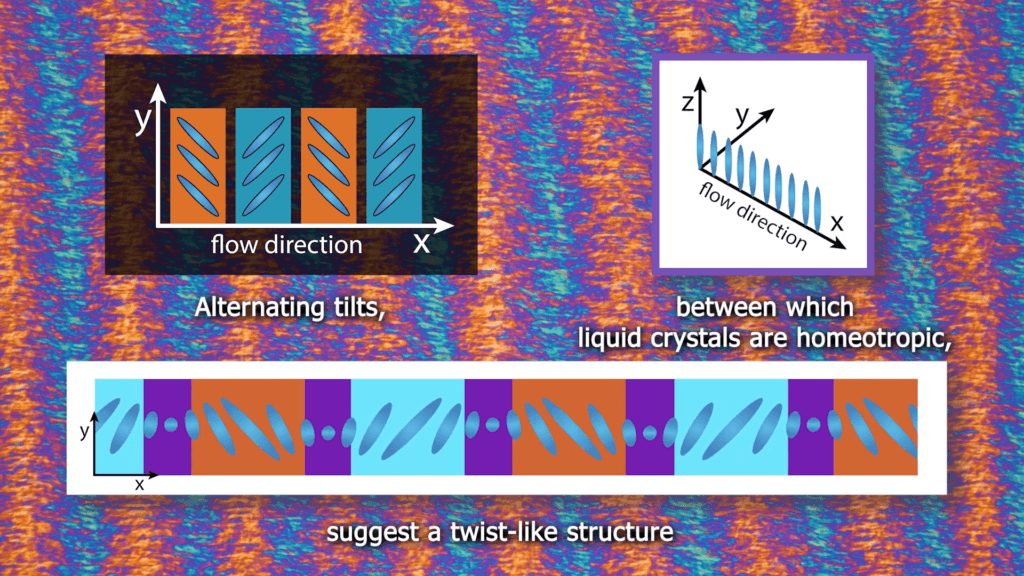 Illustrations showing the changing orientations of the crystals as they flow. Text reads: "Alternating tilts, between which liquid crystals are homeotropic, suggest a twist-like structure." Illustrations showing the changing orientations of the crystals as they flow. Text reads: "Alternating tilts, between which liquid crystals are homeotropic, suggest a twist-like structure."