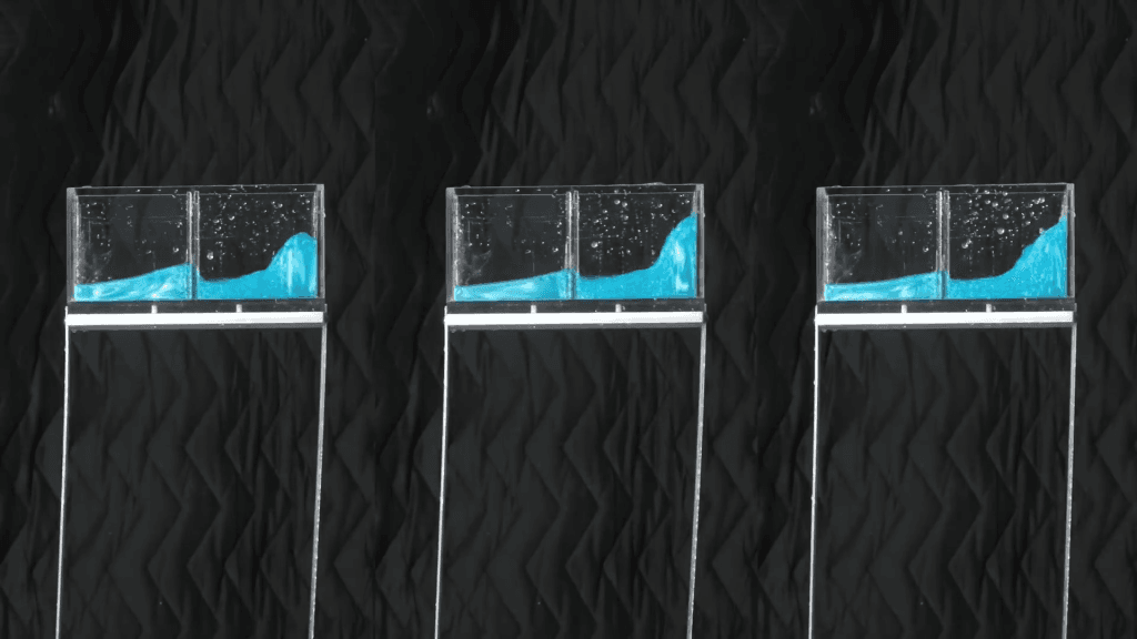 Another option is a simpler sloshing tank, shown here in triplicate with different central baffles, to counter the building's motion. Another option is a simpler sloshing tank, shown here in triplicate with different central baffles, to counter the building's motion.