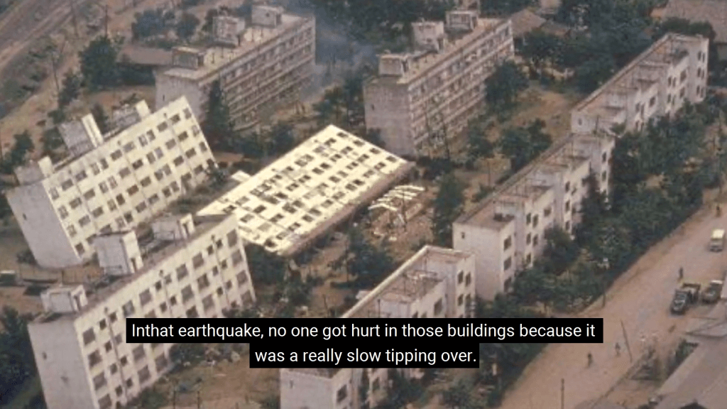 Buildings in Japan that tipped over due to soil liquefaction during an earthquake. Text reads, "In that earthquake, no one got hurt in those buildings because it was a really slow tipping over." Buildings in Japan that tipped over due to soil liquefaction during an earthquake. Text reads, "In that earthquake, no one got hurt in those buildings because it was a really slow tipping over."