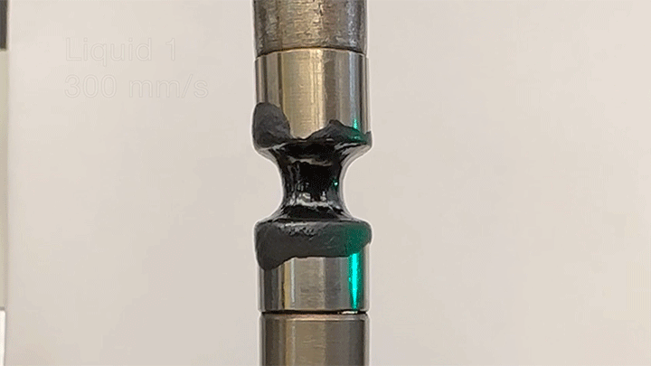 A viscous hydrocarbon fluid gets stretched at 300 mm/s, causing it to fracture like a solid.