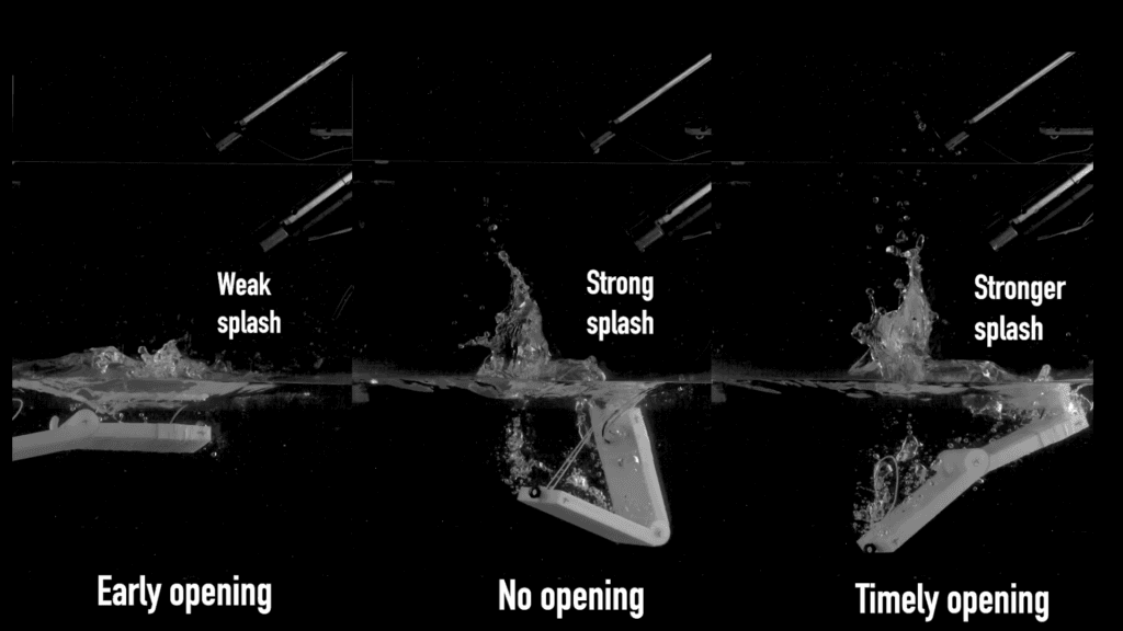 Composite image of Manubot that opens early (left), not at all (center), and on-time (right). The splashes increase in size from left to right. Composite image of Manubot that opens early (left), not at all (center), and on-time (right). The splashes increase in size from left to right.