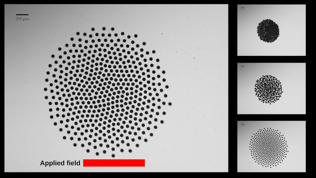 As the strength of the magnetic field increases, the droplets get further apart. As the strength of the magnetic field increases, the droplets get further apart.