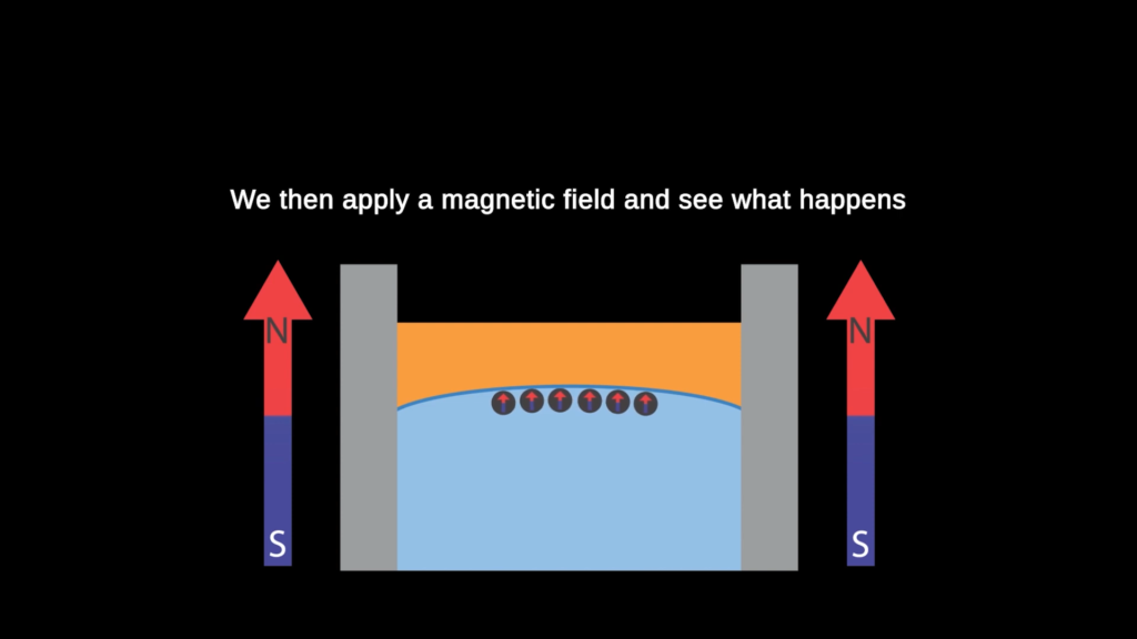 An illustration of the experimental setup. Ferrofluid drops (black) are caught at the meniscus between oil (orange) and water (blue). An applied magnetic field (arrows) causes the drops to repel one another. An illustration of the experimental setup. Ferrofluid drops (black) are caught at the meniscus between oil (orange) and water (blue). An applied magnetic field (arrows) causes the drops to repel one another.