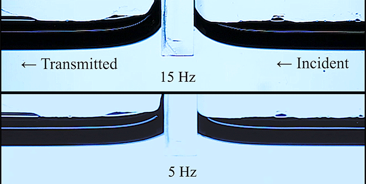 Side view of meniscus experiment showing incoming waves (moving from right to left) passing through a barrier and meniscus. Upper view shows 15Hz waves; lower one shows 5 Hz waves.