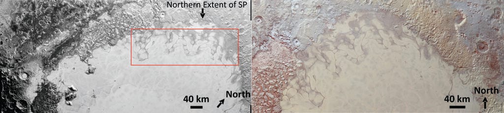 Close-up images of Sputnik Planitia, showing dark regions (highlighted in the red box) where glacial-melt liquid nitrogen may be reaching the surface.