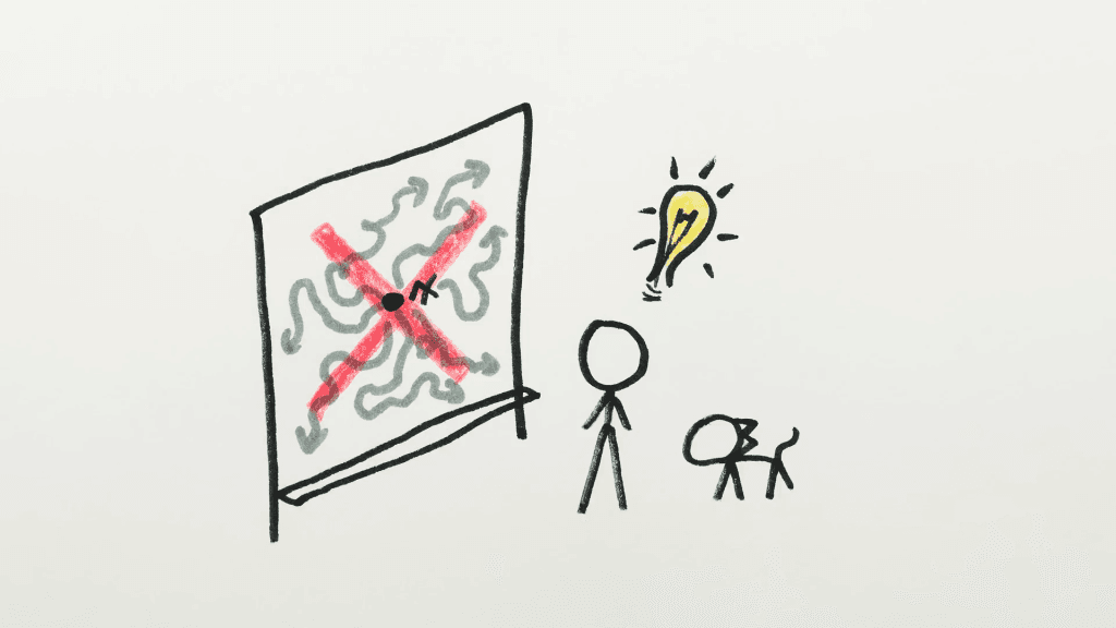 Illustration of a person and dog looking at a board with many different drainage paths, all covered by a big red X. An illuminated light bulb indicates the person has a different idea.