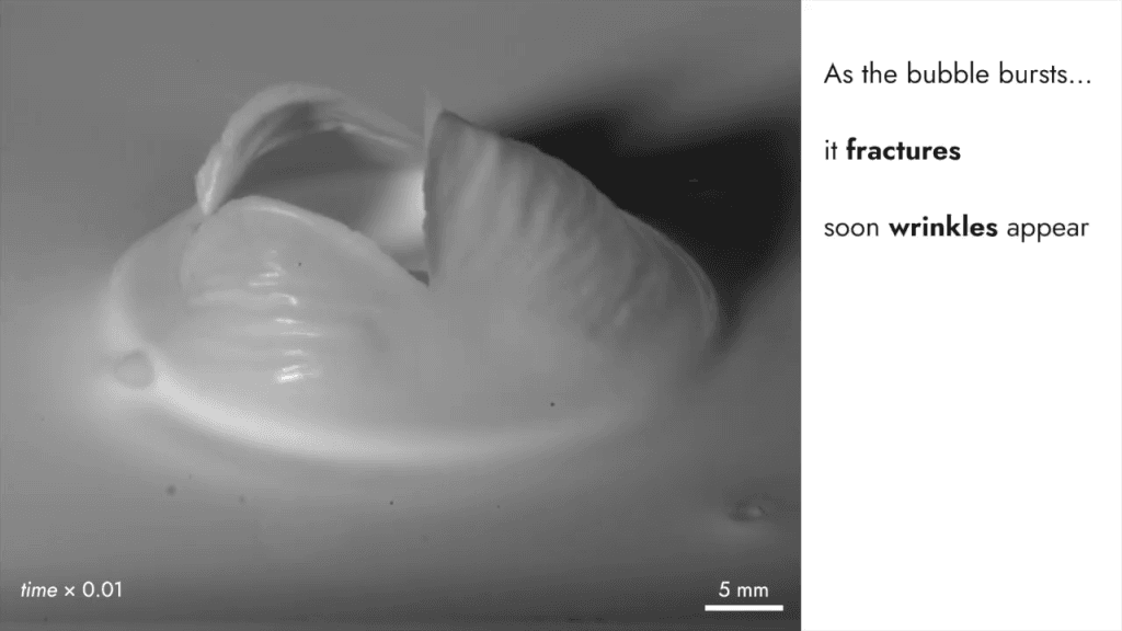 In contrast, a bubble made of oobleck fractures and wrinkles as it collapses. Text reads, "As the bubble bursts... it fractures... soon wrinkles appear"