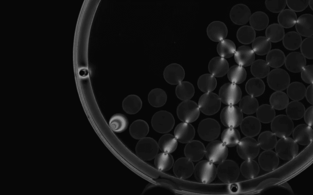 Close up of stress reverberating through a photoelastic disk during impact.