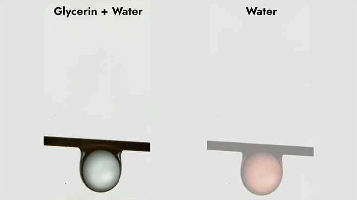 Animation of two droplets getting plucked, one made of glycerin+water (left) and one of water (right).