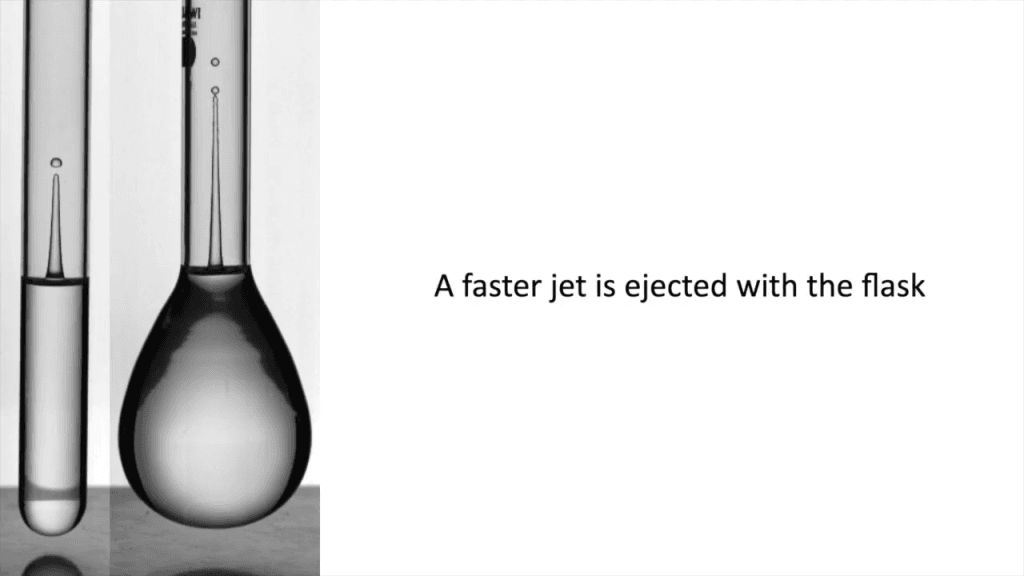 Two impacts in tubes of different shapes. The flask ejects a faster jet than the test tube.