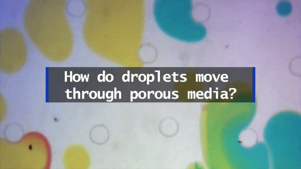 Words over a backdrop of colorful droplets flowing past cylindrical posts. Text reads, "How do droplets move through porous media?"