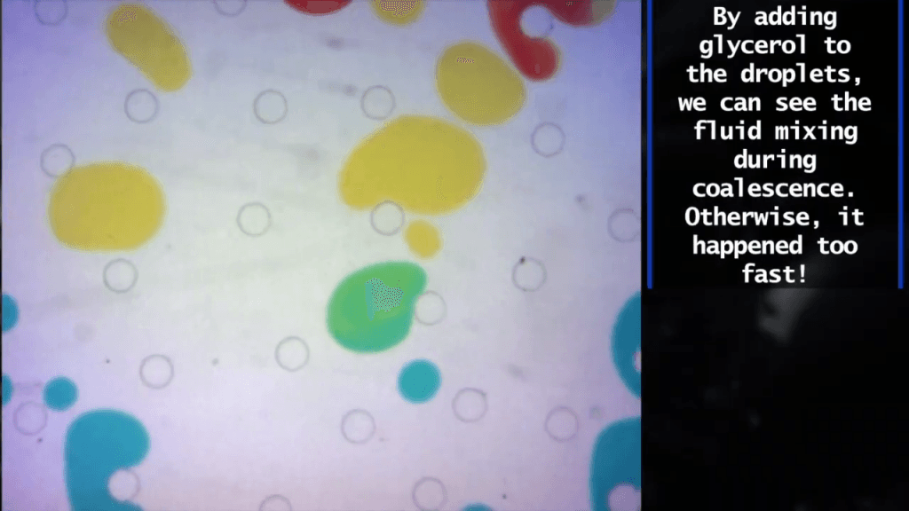 Against a backdrop of colorful droplets, text reads, "By adding glycerol to the droplets, we can see the fluid mixing during coalescence. Otherwise, it happened too fast!"