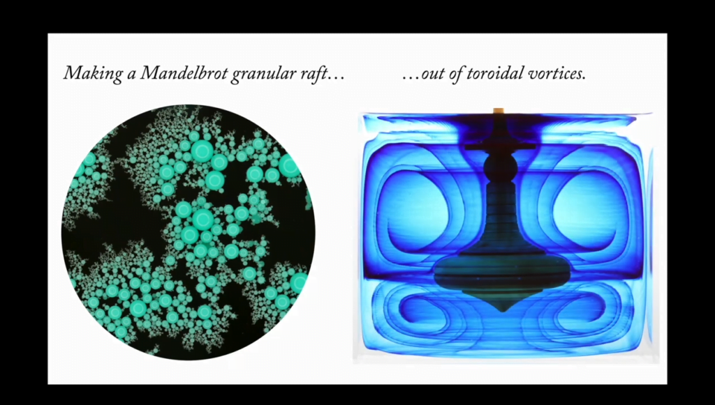 On the left, a fractal granular raft; on the right, the vortex pattern created by spinning a top. On the left, a fractal granular raft; on the right, the vortex pattern created by spinning a top.