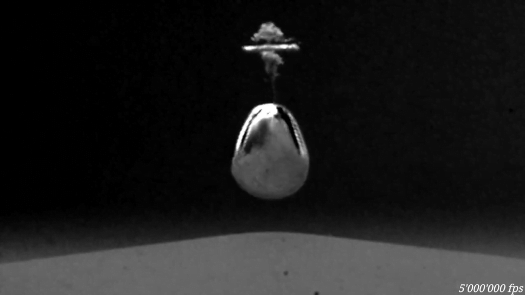 As the cavitation bubble collapses, it releases a rainy microjet that moves at around 1700 m/s. As the cavitation bubble collapses, it releases a rainy microjet that moves at around 1700 m/s.