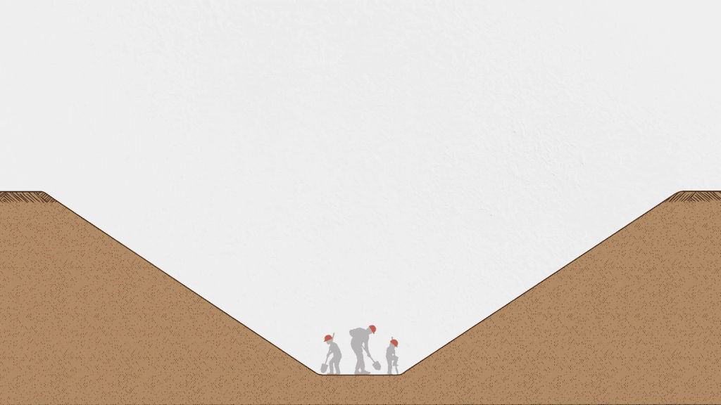 Illustration of an adult and two children in a deep but shallowly inclined trench. Illustration of an adult and two children in a deep but shallowly inclined trench.