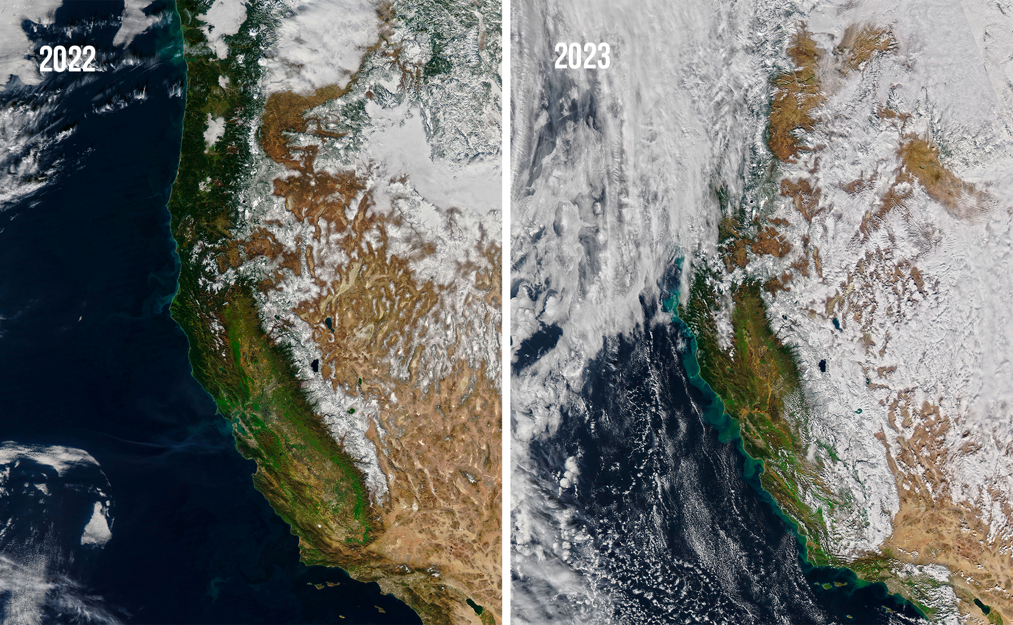 Satellite images showing the Californian coastline on January 23, 2022 versus January 17, 2023 a year later.