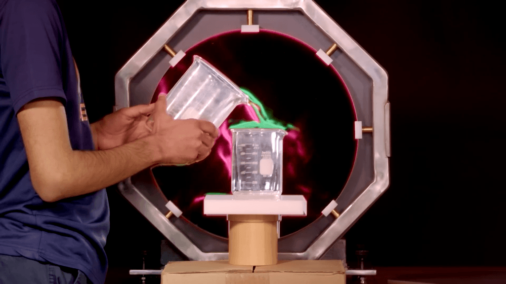 With a schlieren system, we can see an invisible gas poured from one beaker to another.