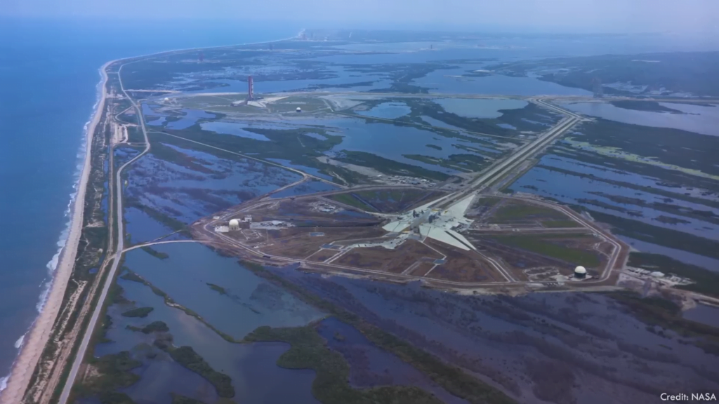 An aerial view of NASA's Launch Pad 39A, which was built on an artificial hill on the Florida coast. An aerial view of NASA's Launch Pad 39A, which was built on an artificial hill on the Florida coast.