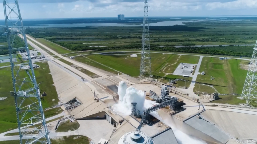 NASA's Launch Pad 39A uses a water system, shown here during a test, to mitigate heat and shock waves from a rocket launch. NASA's Launch Pad 39A uses a water system, shown here during a test, to mitigate heat and shock waves from a rocket launch.