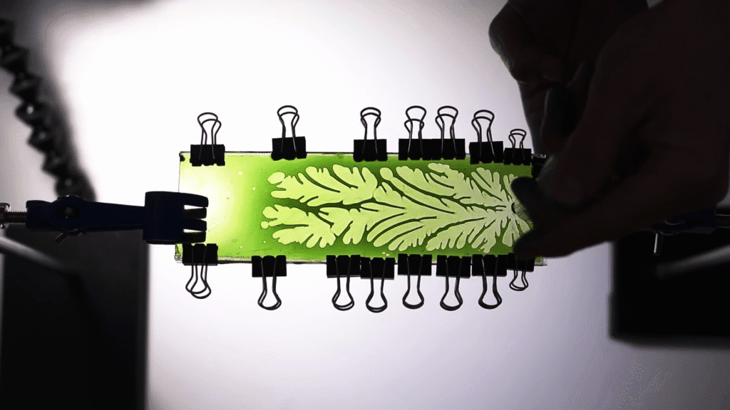 Two rectangular panes of clear acrylic, held by a series of binder clips, with a transparent green liquid between them. Air forced between the plates forms finger-like branching channels. Two rectangular panes of clear acrylic, held by a series of binder clips, with a transparent green liquid between them. Air forced between the plates forms finger-like branching channels.