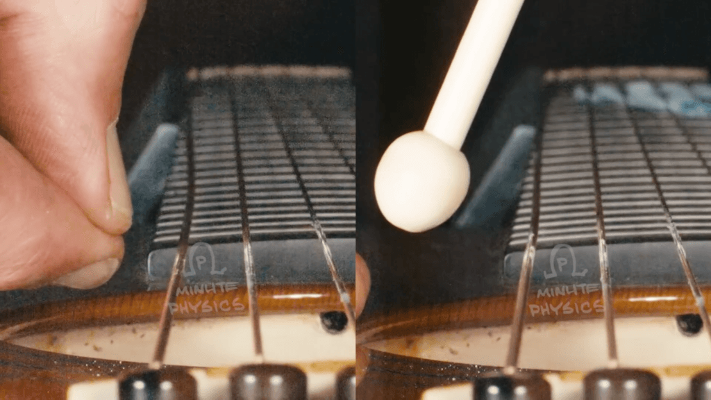 Two views of guitar strings vibrating after being plucked (left) or struck (right). Both views are looking up the neck from the bridge.
