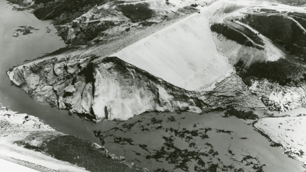 Aerial view of the Teton Dam after failure.