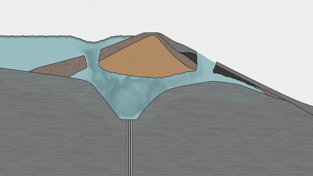 Once undermined, water quickly tunneled through and drained out the dam.