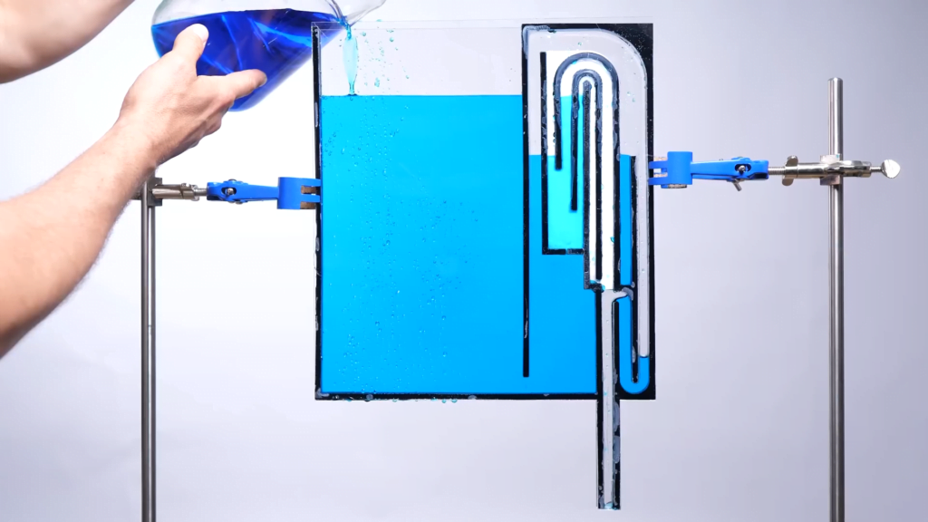 This pseudo-2D device demonstrates how a timed auto-siphon works. Essentially, it's a system that periodically flushes itself. This pseudo-2D device demonstrates how a timed auto-siphon works. Essentially, it's a system that periodically flushes itself.