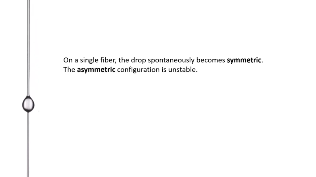 Drops sliding down a fiber will transition spontaneously from an asymmetric to symmetric orientation.