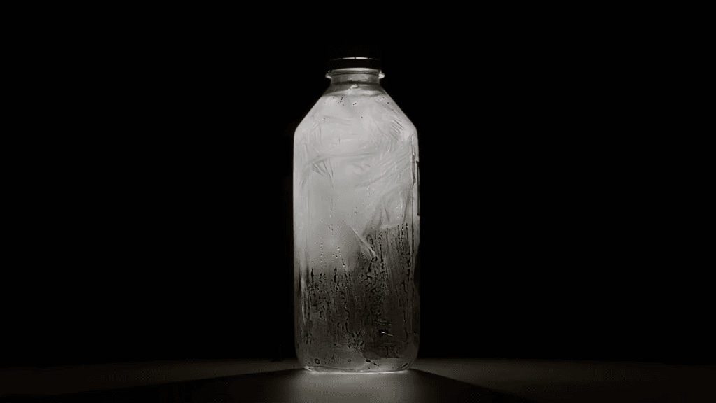 A bottle of water midway through freezing after being hit. A bottle of water midway through freezing after being hit.