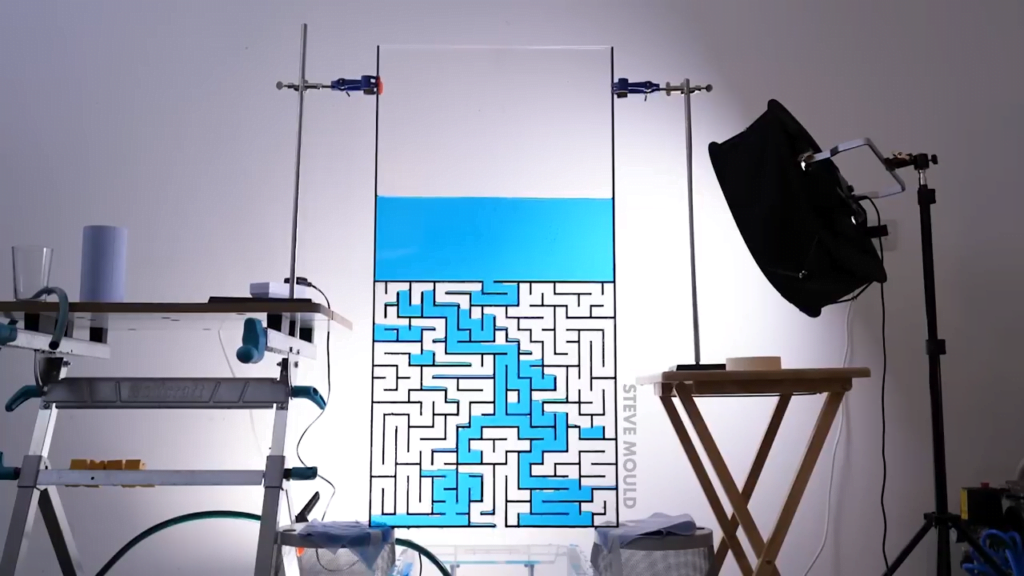 Larger mazes allow for some missteps, but water still finds the path. Eventually, though, friction in the maze is too great for the driving pressure and flow stops.