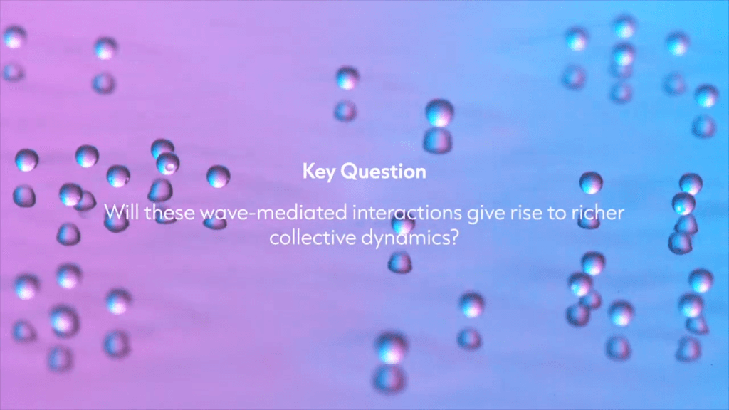 Droplets bouncing on a fluid surface. Text reads, "Key Question. Will these wave-mediated interactions give rise to richer collective dynamics?"
