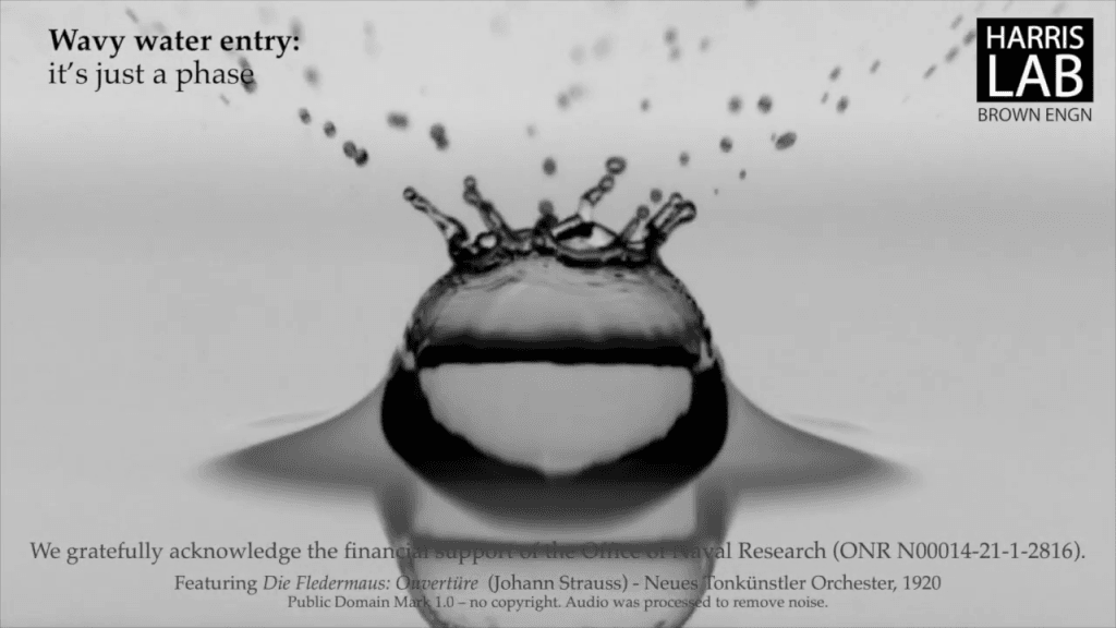 Black and white image of a crown splash nearly sealed at the surface. Text reads, "Wavy water entry: it's just a phase" along with acknowledgements of funding and music.
