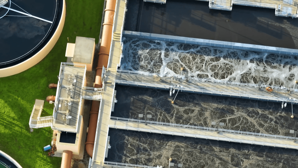 Aerial view of a wastewater treatment plant. Aerial view of a wastewater treatment plant.