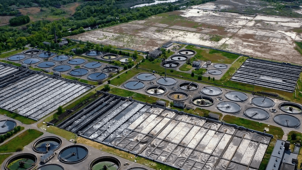 Aerial view of a wastewater treatment plant. Aerial view of a wastewater treatment plant.