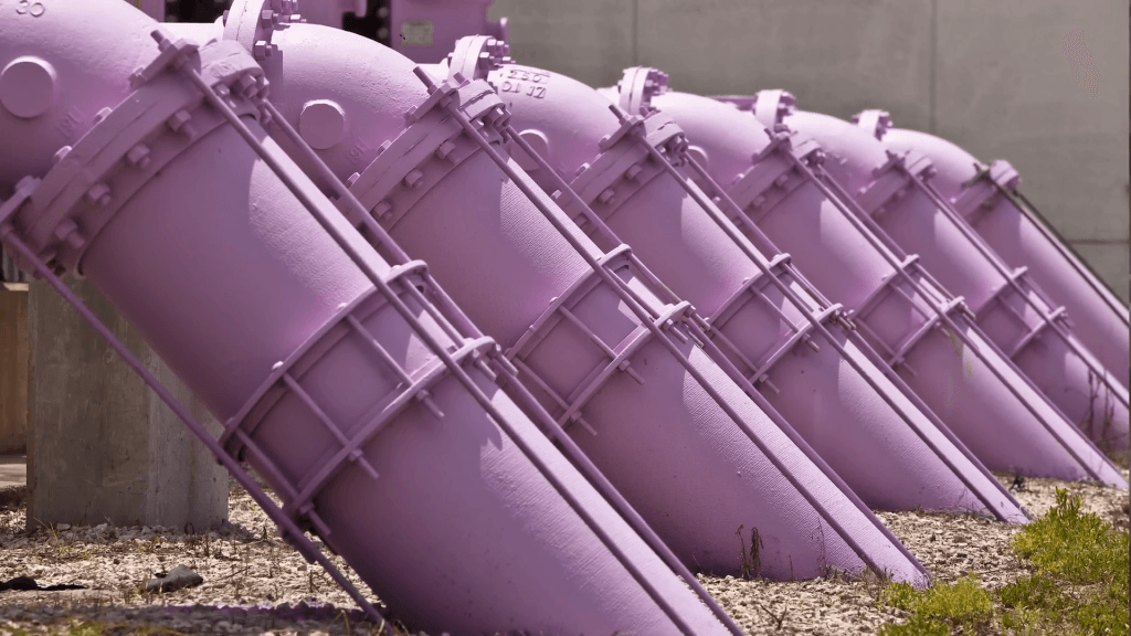 Purple pipes are used to transport reclaimed water. Purple pipes are used to transport reclaimed water.
